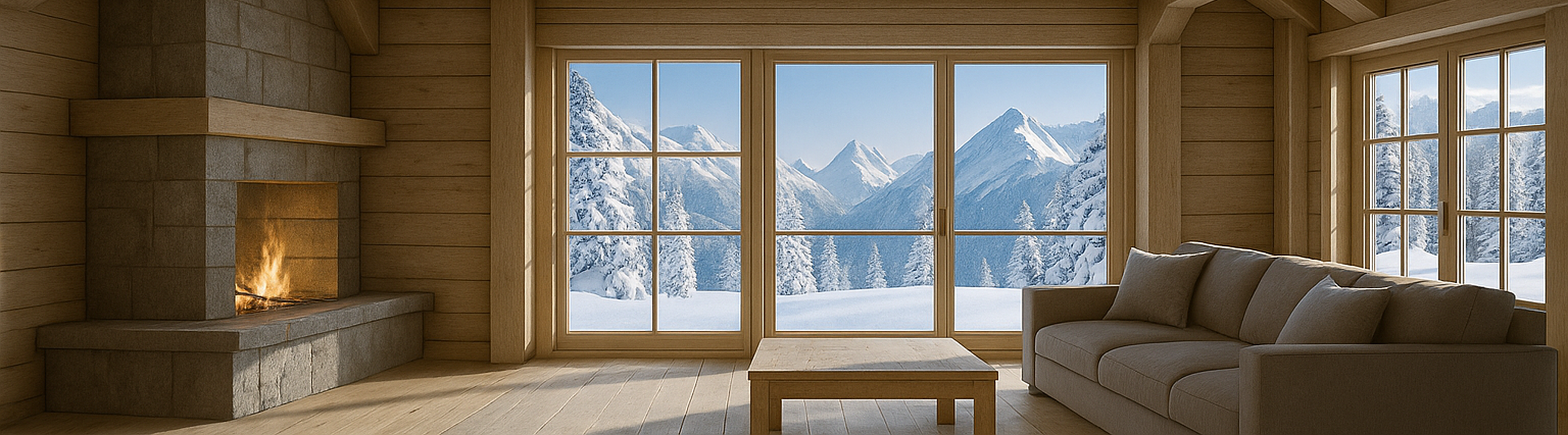 Vue intérieure d'un chalet, de jour