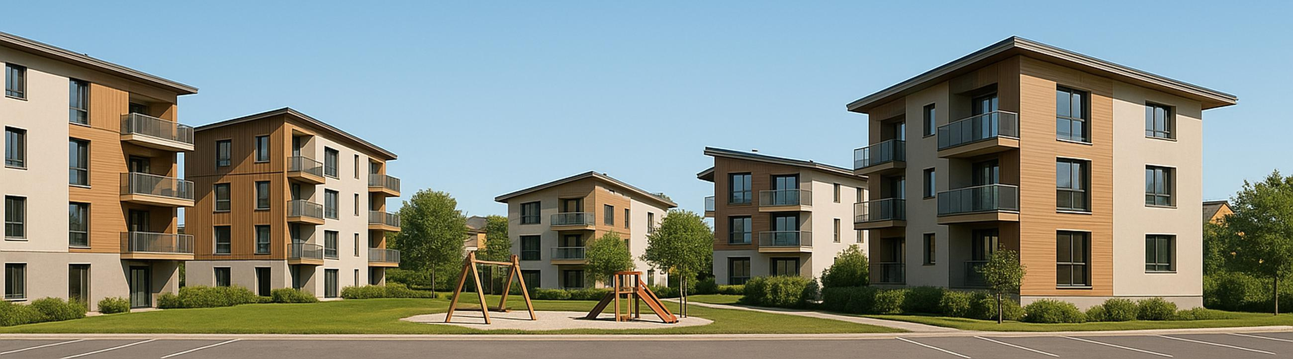 Vue de plusieurs bâtiments, promotion.